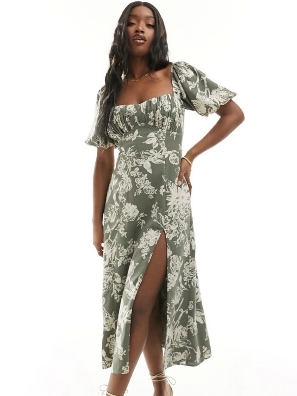 Abercrombie & Fitch Olive Green Floral Midi Dress with Puff Sleeves
